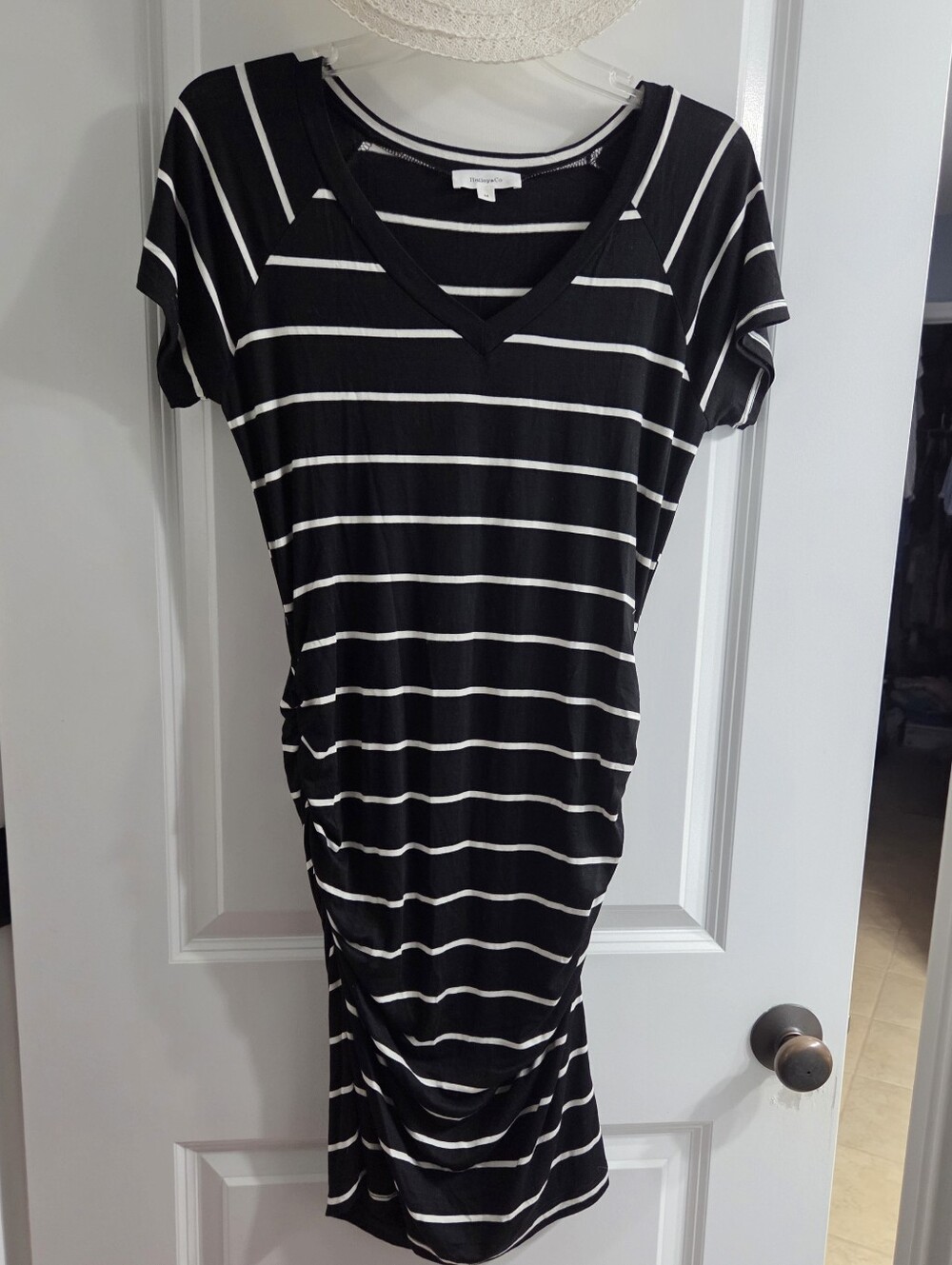 Black & White Striped V-Neck Women's Ruched Dress